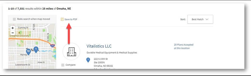 Screenshot of "Save to PDF" text in doctor finder. 